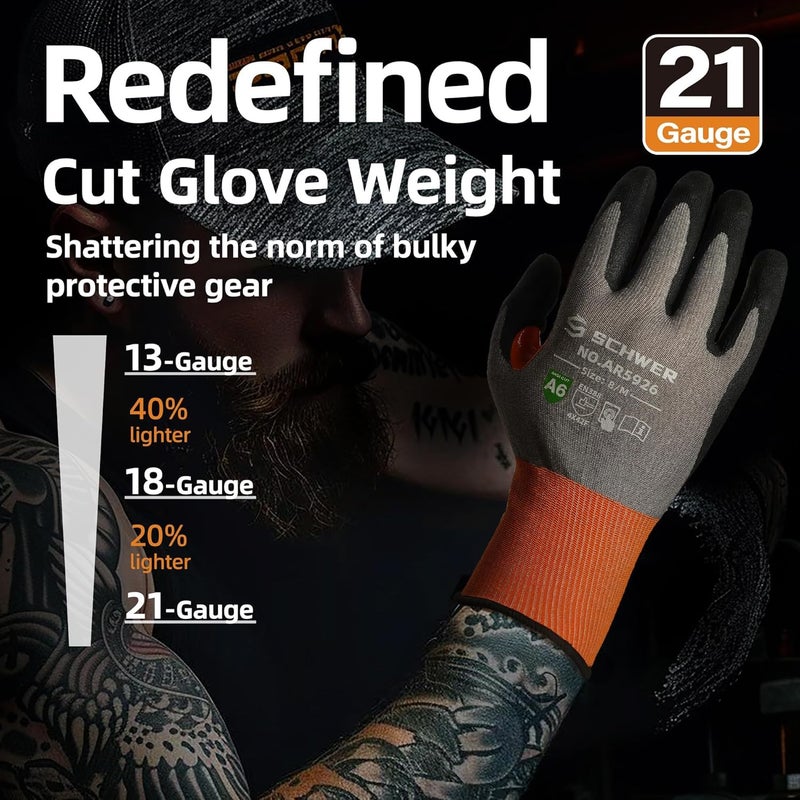 Schwer A6 AIR-SKIN Cut Resistant Work Gloves, Comfortable & Breathable, 21-Gauge Seamless Knit Flexible Safety Working Gloves with Grip for Refined Tasks, Touch-screen, Non PFAS, 1 Pair, M, AR5926 - Image 3